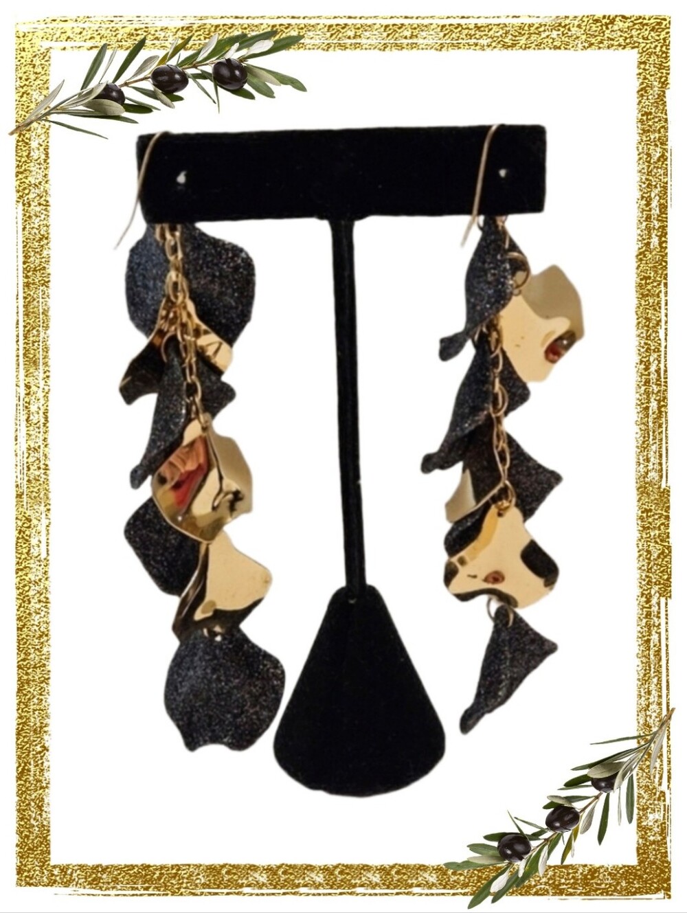 Glittery Flower Petal Dangle Earrings In Black & Gold Tone - 4.5" Length